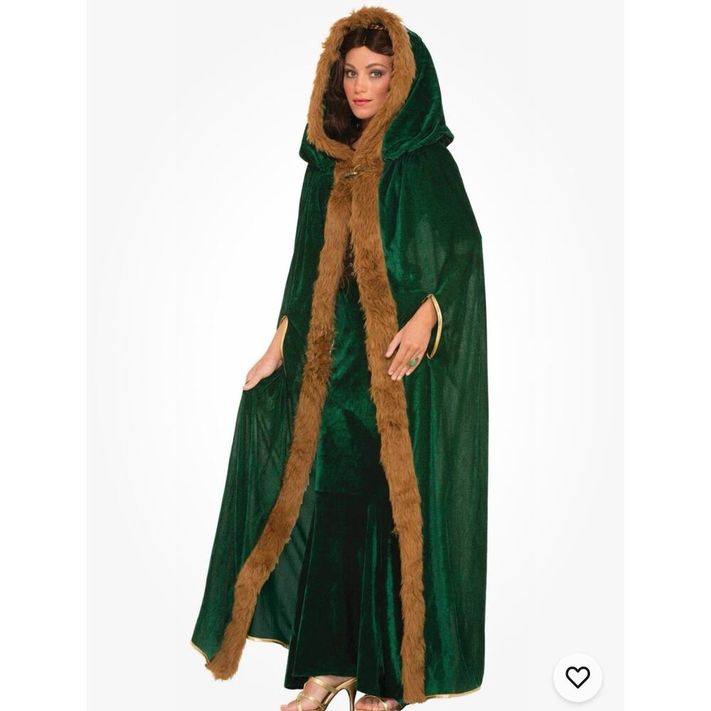 NWT Green Velvet Cape One Size Faux Fur Brown Trim Adult Medieval Costume